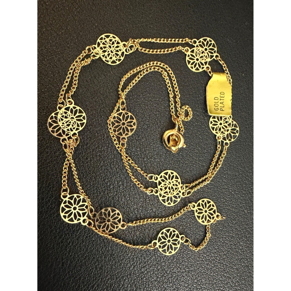 Vintage Station Necklace Filigree Flower Gold Plated 24" Long